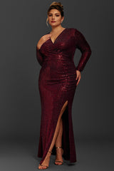 Curveins Plus Size Long Sleeve Solid Color Metallic Sequin Maxi Dress