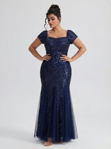 Curveins Plus Size Square Neck Short Sleeve Sequin Bodycon Maxi Dress