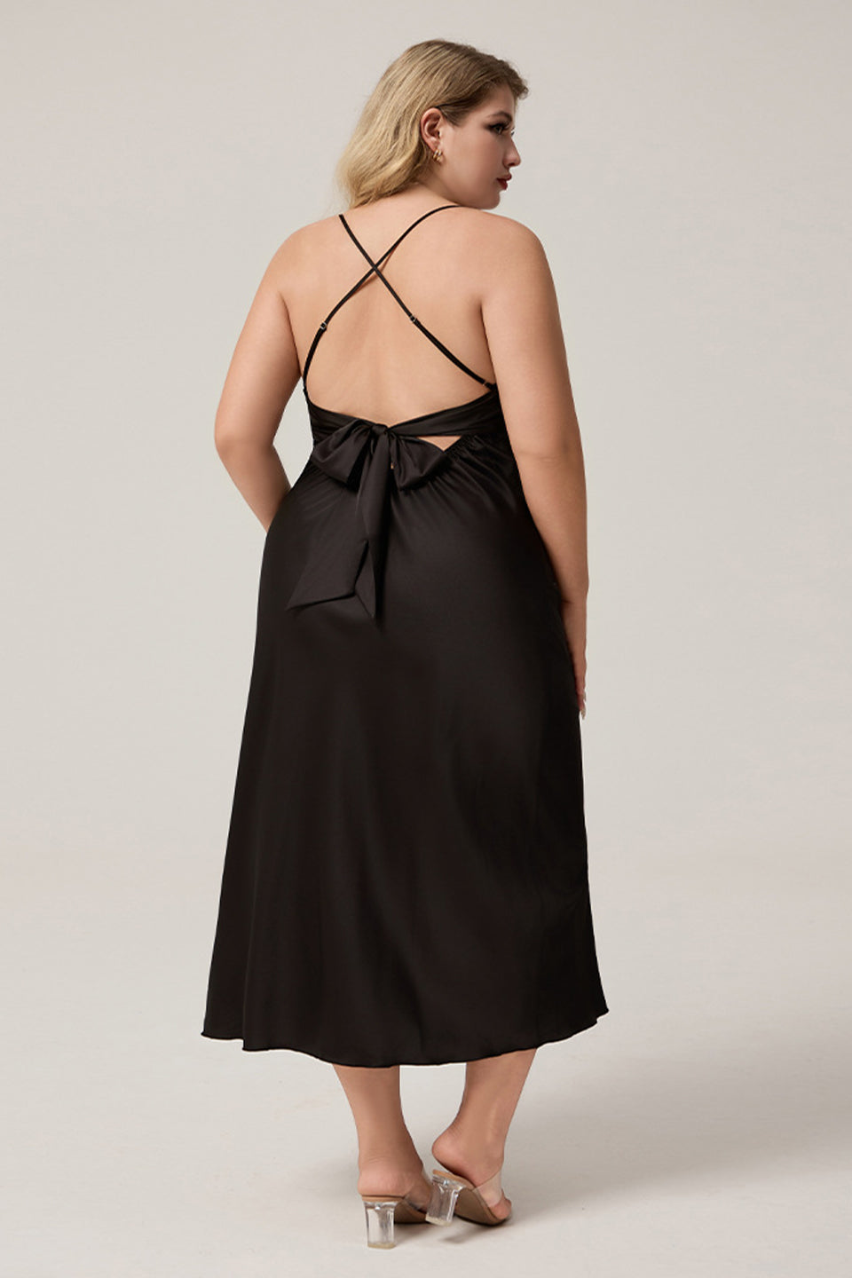 Curveins Plus Size Backless Split Cami Dress with Waist Bow, Elegant Chic Evening Wear
