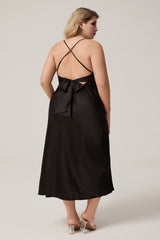 Curveins Plus Size Backless Split Cami Dress with Waist Bow, Elegant Chic Evening Wear