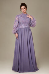 Curveins Plus Size High Neck Lantern Sleeve Embroidered Panel Maxi Dress