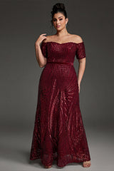 Curveins Plus Size Off-Shoulder Waist Cinched Striped Sequin Maxi Evening Dress