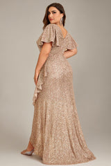 Curveins Plus Size V-Neck Short Sleeve Sequin Ruffle Slit Evening Gown