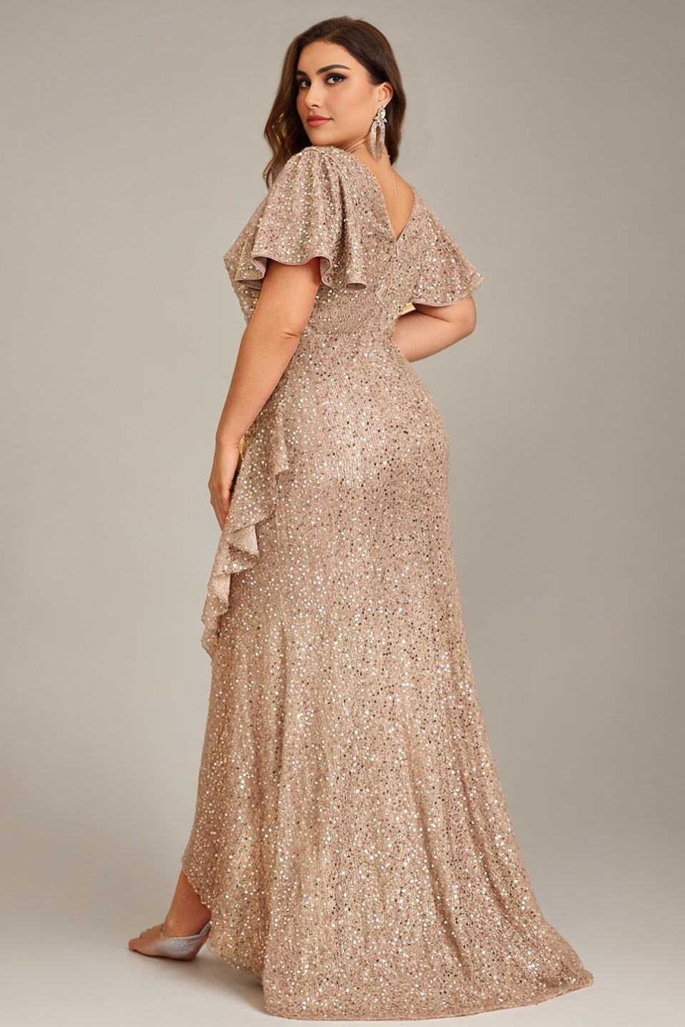 Curveins Plus Size V-Neck Short Sleeve Sequin Ruffle Slit Evening Gown