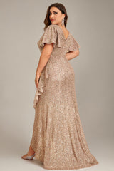 Curveins Plus Size V-Neck Short Sleeve Sequin Ruffle Slit Evening Gown