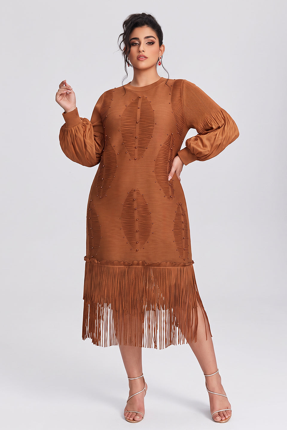 Curveins Plus Size Crew Neck Long Sleeve Stretch Fringe Hem Midi Dress