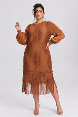 Curveins Plus Size Crew Neck Long Sleeve Stretch Fringe Hem Midi Dress