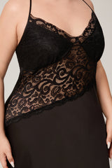 Curveins Plus Size Spaghetti Strap Sleepwear with Lace Top and Slanted Hem, Chic Feminine Nightwear
