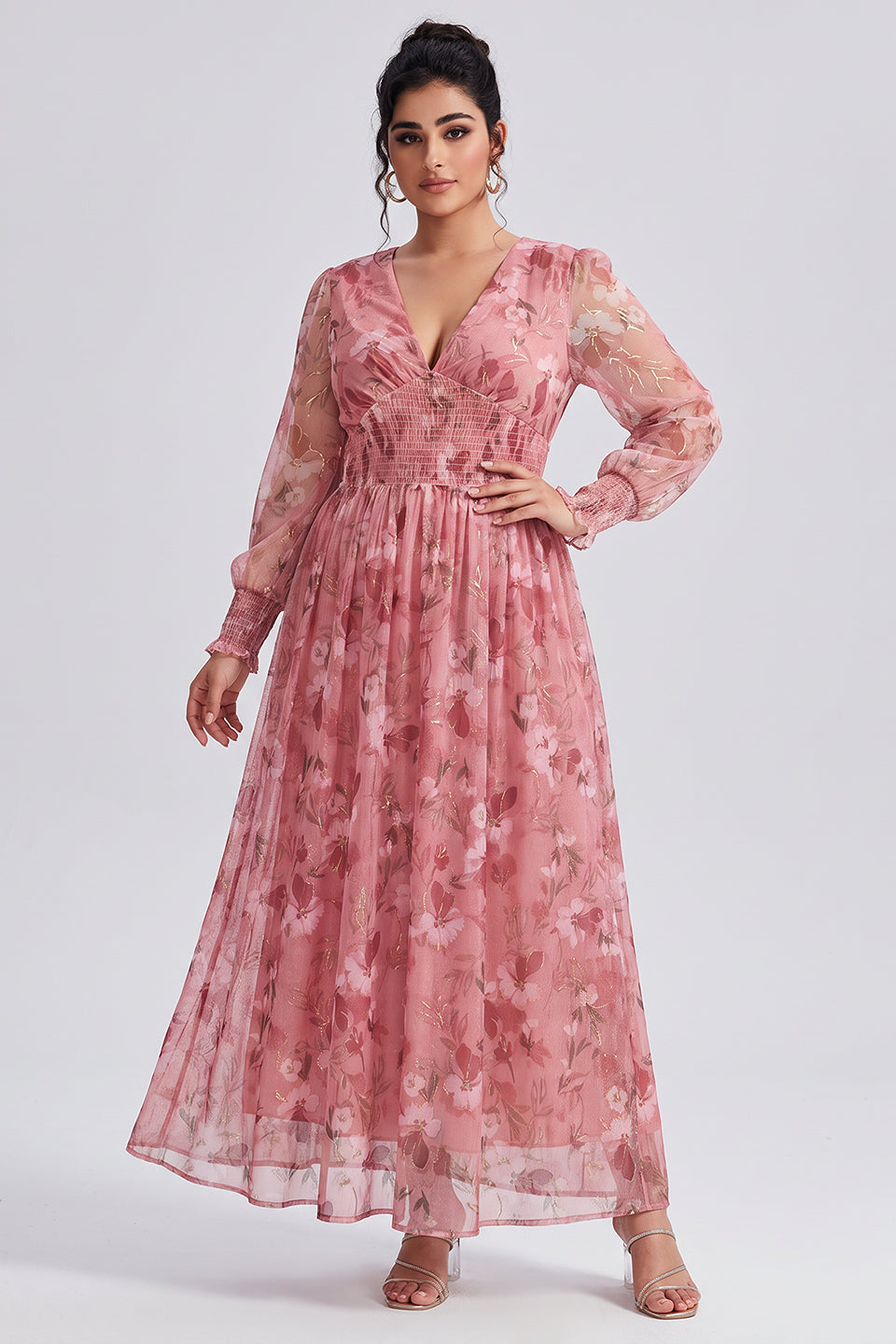 Curveins Plus Size V Neck Long Sleeve Floral Waist Maxi Dress