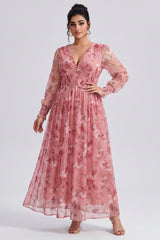 Curveins Plus Size V Neck Long Sleeve Floral Waist Maxi Dress