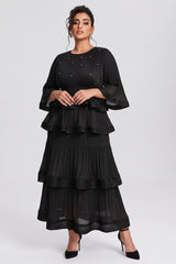 Curveins Plus Size Crew Neck Long Sleeve Ruffle Tiered Skirt Set
