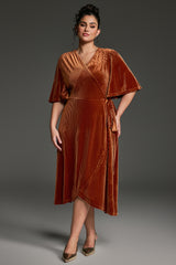 Curveins Plus Size Wrap V-Neck Belted Asymmetrical Hem Midi Dress