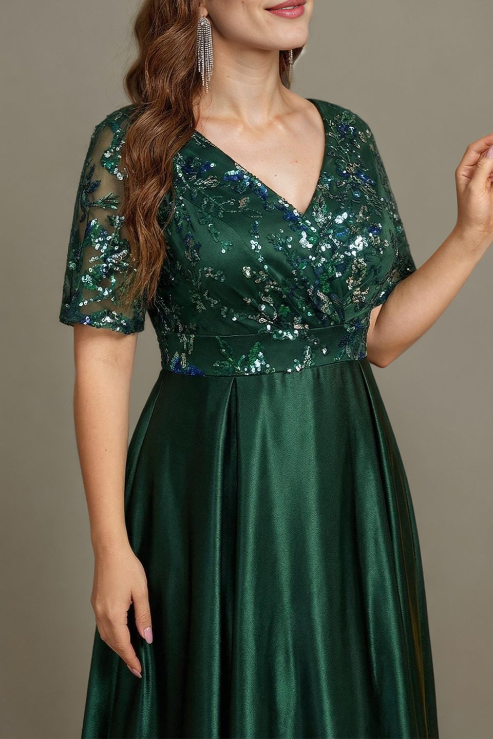 Curveins Plus Size V Neck Sequin Floral Patchwork Elegant Flowy Maxi Dress