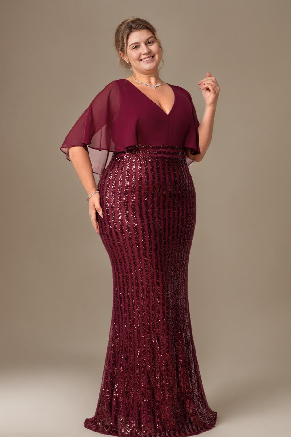Curveins Elegant Plus Size V-Neck Cape Sleeve Sequin Bodycon Maxi Dress