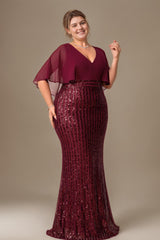 Curveins Elegant Plus Size V-Neck Cape Sleeve Sequin Bodycon Maxi Dress
