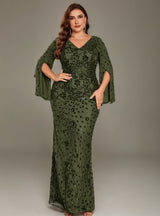 Curveins Plus Size V-Neck Long Sleeves Sequin Floral Bodycon Maxi Dress