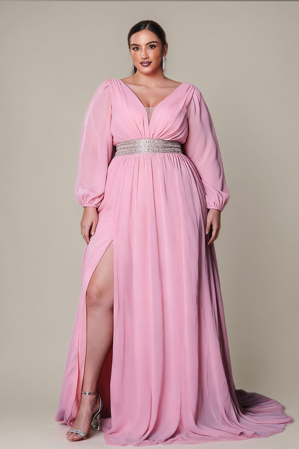Curveins Plus Size V-Neck Long Sleeve Waist Slim Split Maxi Dress