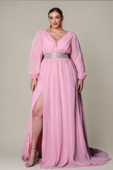 Curveins Plus Size V-Neck Long Sleeve Waist Slim Split Maxi Dress