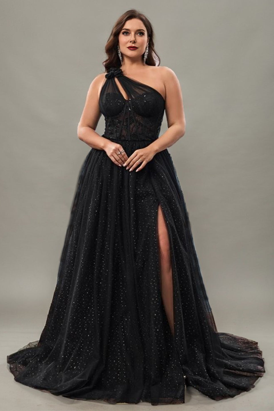 Curveins Plus Size One-Shoulder Waist-Defined Slit Back Cutout Maxi Dress