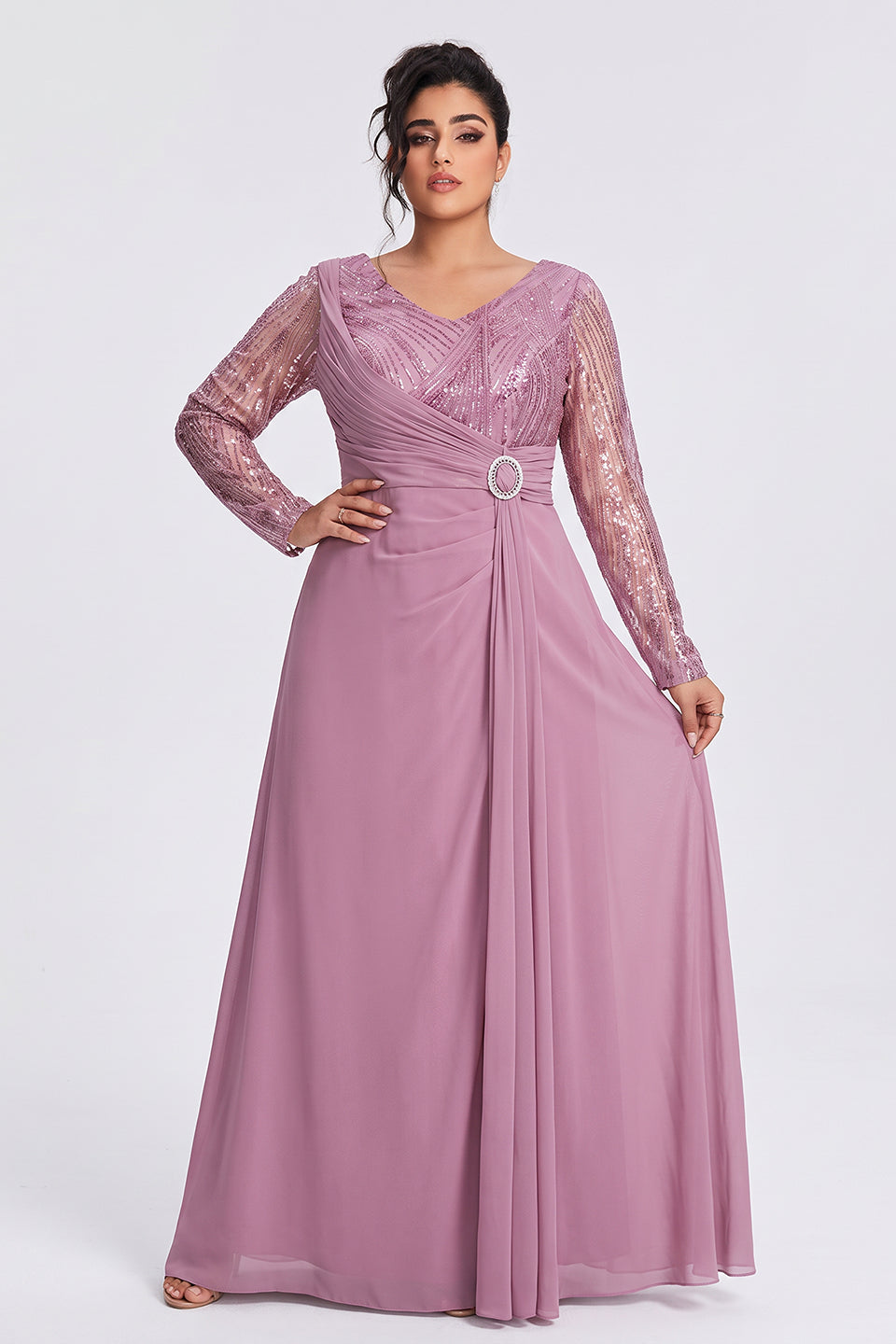 Curveins Plus Size V Neck Long Sleeve Sequin Cinched Waist Elegant Maxi Dress