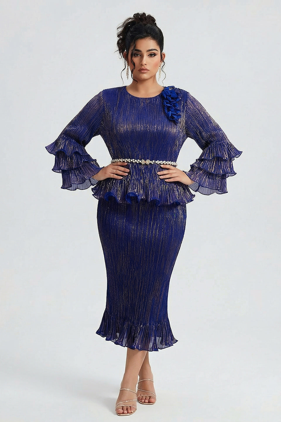 Curveins Plus Size Round Neck Long Sleeve Waist-Cinching Set Midi Dress