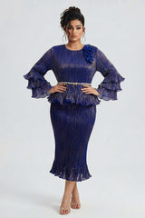 Curveins Plus Size Round Neck Long Sleeve Waist-Cinching Set Midi Dress