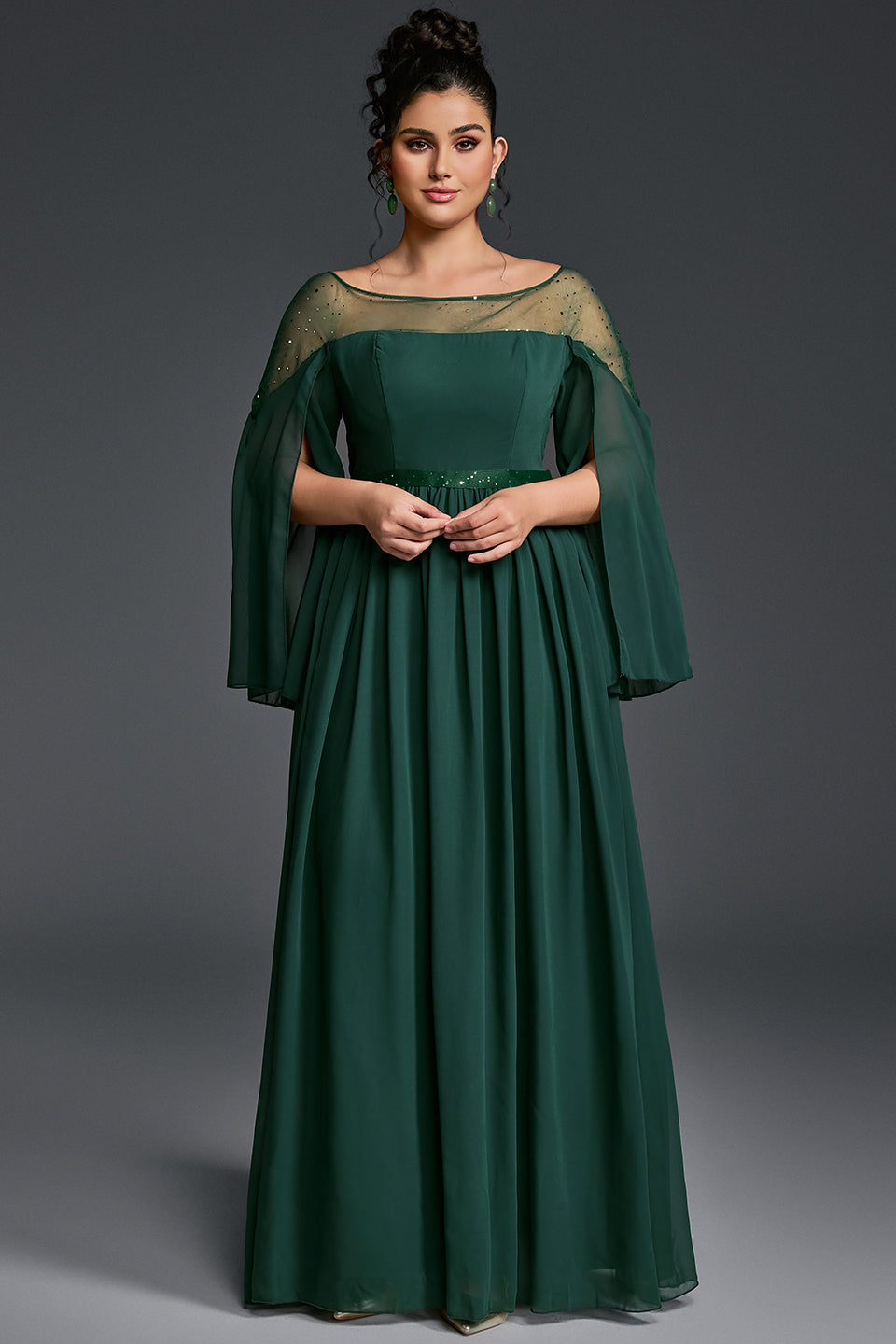 Curveins Plus Size Round Neck Long Sleeve Cinched Waist Maxi Dress