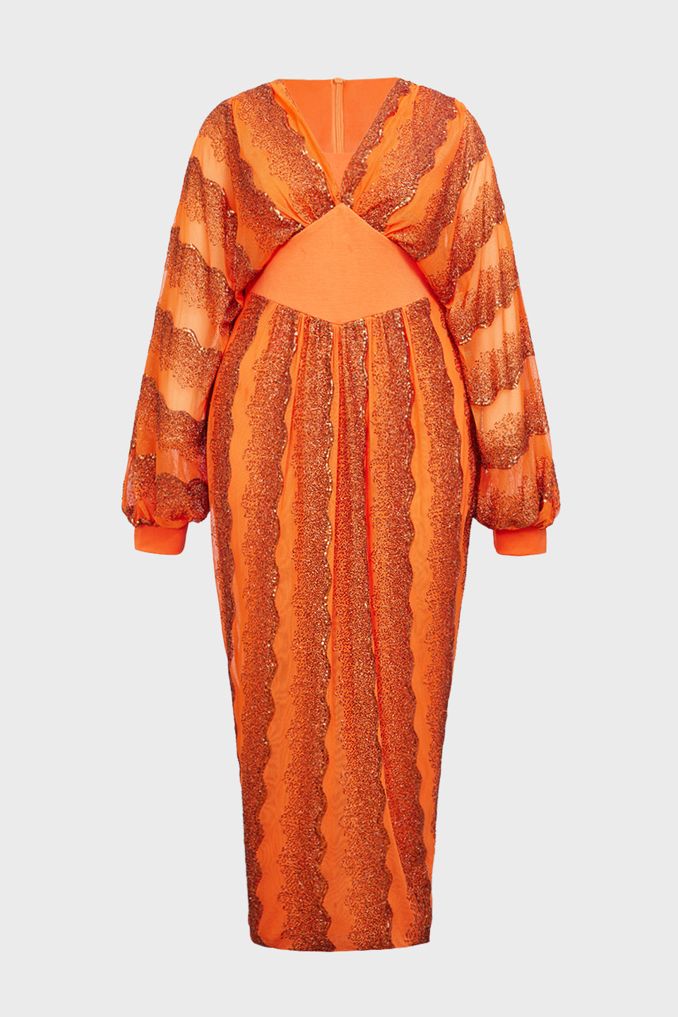 Curveins Plus Size V-Neck Sequin Balloon Sleeve Back-Slit Elegant Evening Maxi Dress