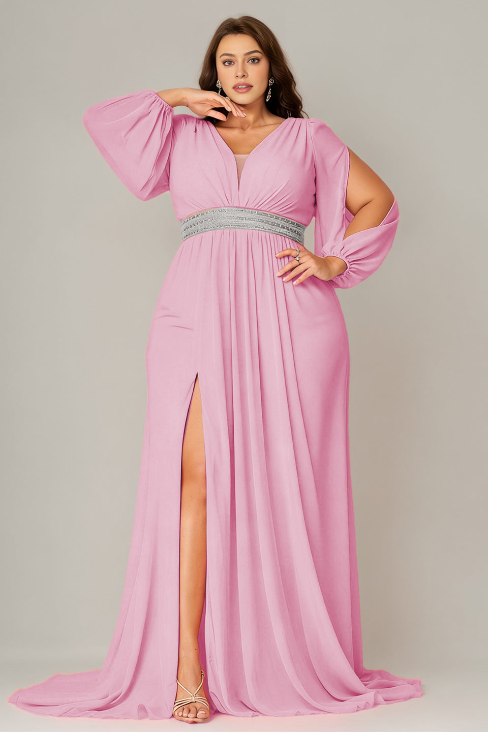 Curveins Plus Size V-Neck Long Sleeve Waist Slim Split Maxi Dress