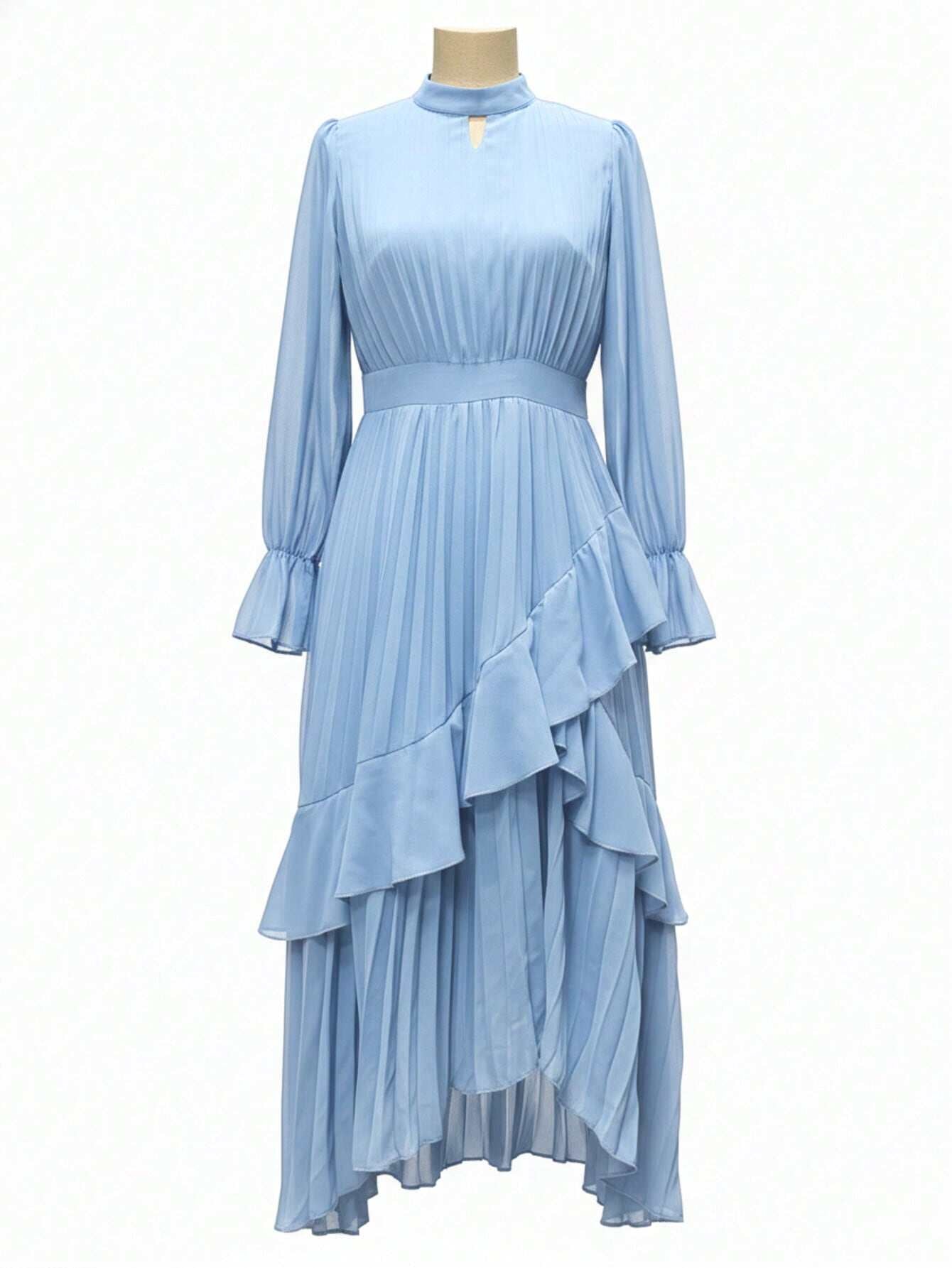 Curveins Plus Size Long Sleeve Ruffle Detail Pleated Asymmetrical Hem Midi Dress