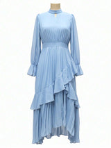 Curveins Plus Size Long Sleeve Ruffle Detail Pleated Asymmetrical Hem Midi Dress