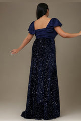 Curveins Plus Size Elegant V Neck Sequin Panel Waist Shaping Sparkle Evening Maxi Dress