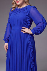 Curveins Plus Size Elegant Round Neck Long Sleeve Ruched Waist Slim Fit Evening Maxi Dress