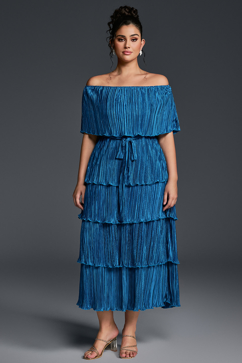 Curveins Plus Size Off-Shoulder Pleated Tiered Maxi Dress 18-20/2X / Green