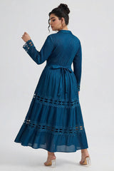 Curveins Plus Size Wrap Neck Long Sleeve Color Block Cinched Waist Maxi Dress