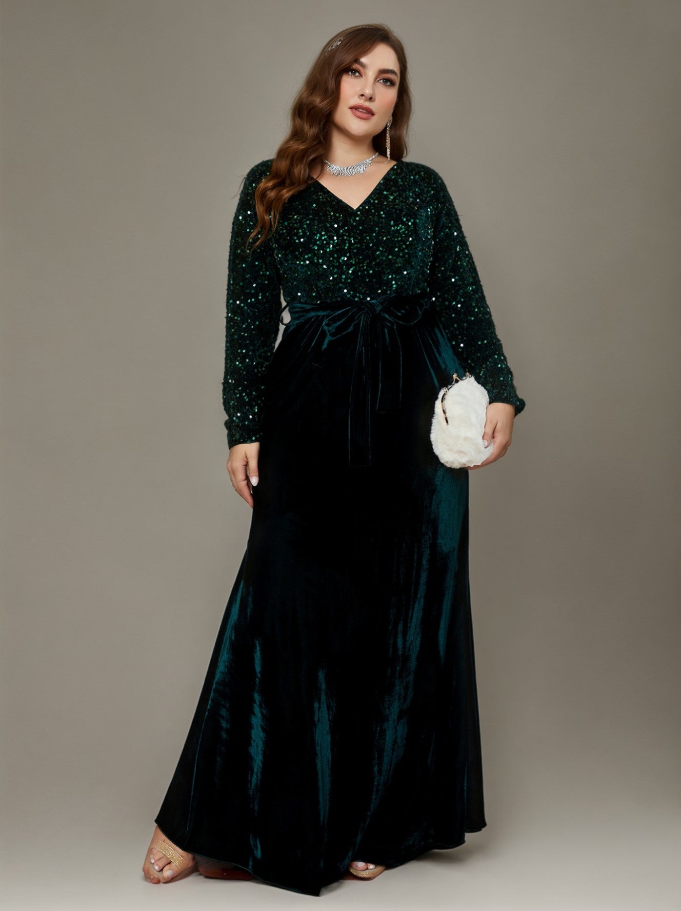 Curveins Plus Size V-Neck Sequin Velvet Patchwork Maxi Dress