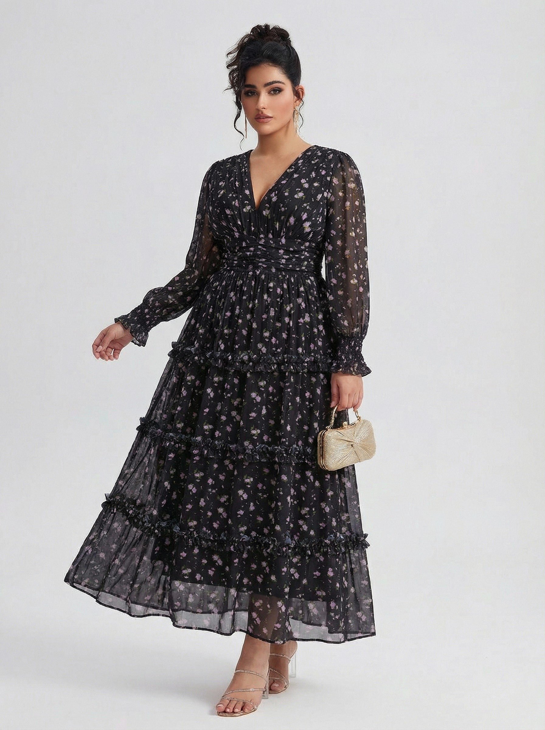 Curveins Plus Size V Neck Long Sleeve Floral Tiered Maxi Dress