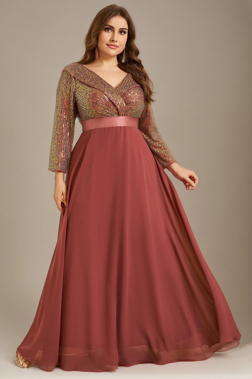 Curveins Plus Size V-Neck Long Sleeve Glitter Patchwork Waist-Fitted Maxi Dress