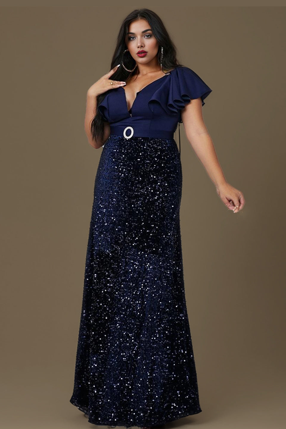 Curveins Plus Size Elegant V Neck Sequin Panel Waist Shaping Sparkle Evening Maxi Dress
