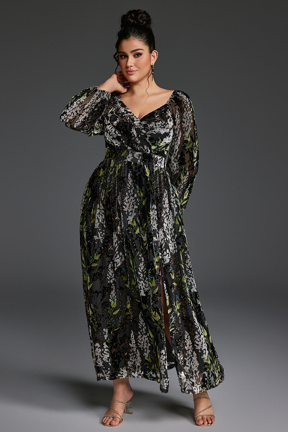 Curveins Plus Size Velvet Lantern Sleeve Plain Maxi Dress