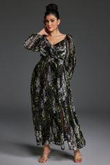 Curveins Plus Size Velvet Lantern Sleeve Plain Maxi Dress