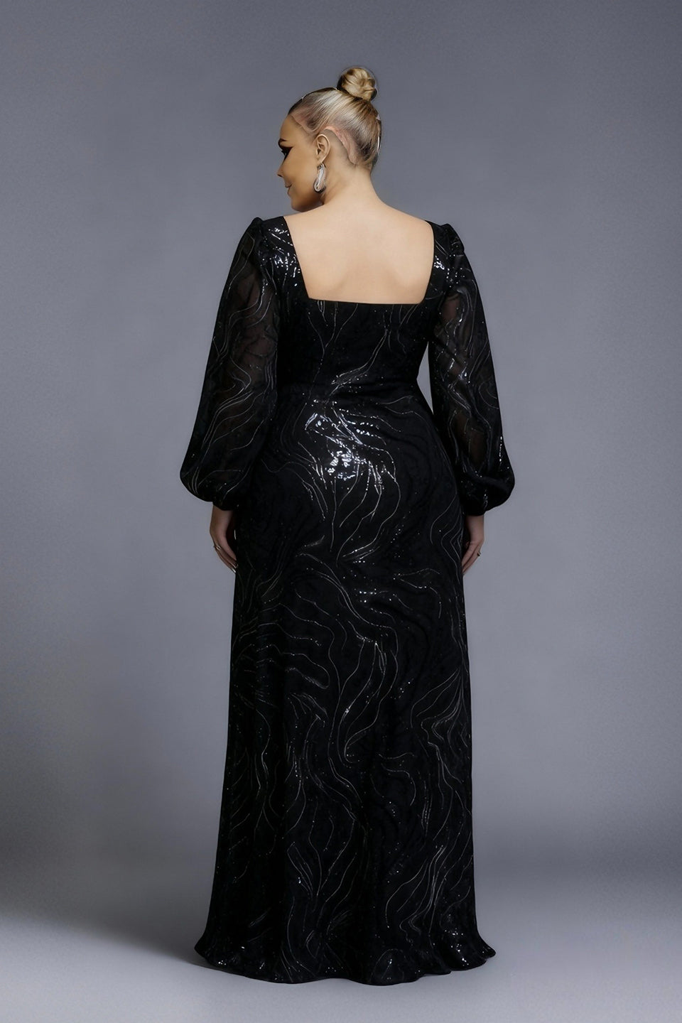 Curveins Plus Size Square Neck Long Sleeve Striped Sequin A-Line Maxi Dress