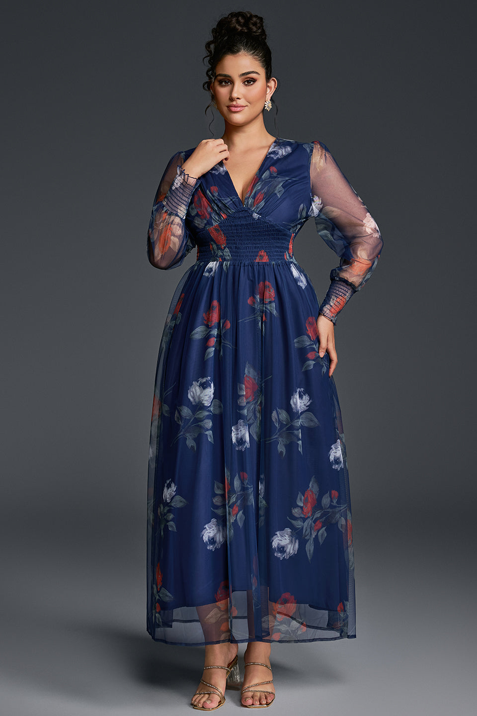 Curveins Plus Size V-Neck Floral Mesh Maxi Dress