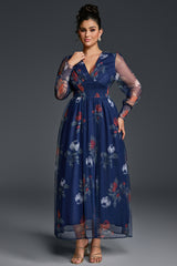 Curveins Plus Size V-Neck Floral Mesh Maxi Dress