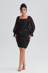 Curveins Plus Size Sexy Square Neck Mesh Sequins Bodycon Dress