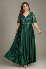 Curveins Plus Size V Neck Sequin Floral Patchwork Elegant Flowy Maxi Dress
