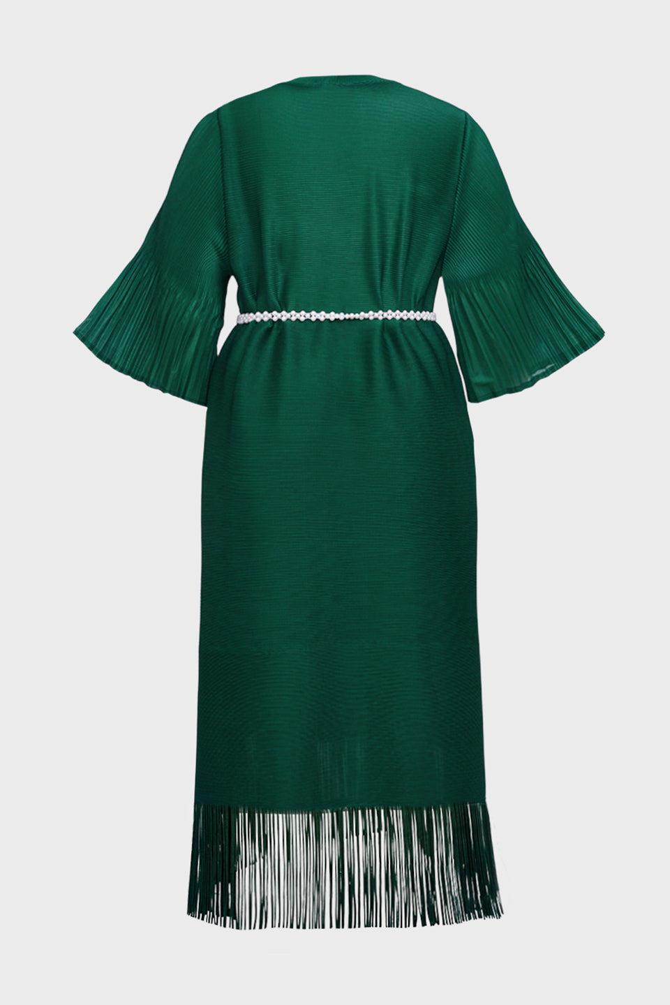 Curveins Plus Size Crew Neck Long Sleeve Stretch Fringe Hem Belted Midi Dress
