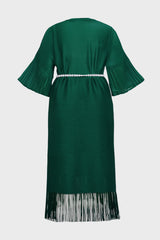 Curveins Plus Size Crew Neck Long Sleeve Stretch Fringe Hem Belted Midi Dress
