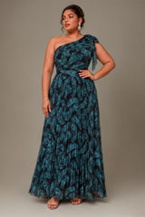 Curveins Plus Size One Shoulder Striped Cinched Waist Elegant Flowing Maxi Dress