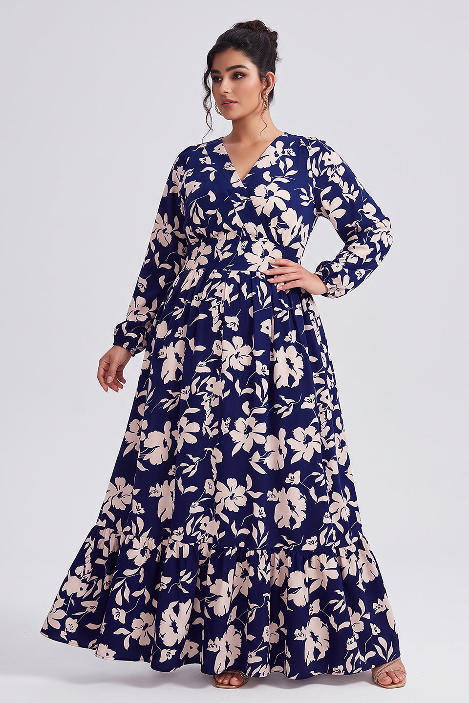 Curveins Plus Size V Neck Long Sleeve Printed Waist Defined Elegant Casual Maxi Dress